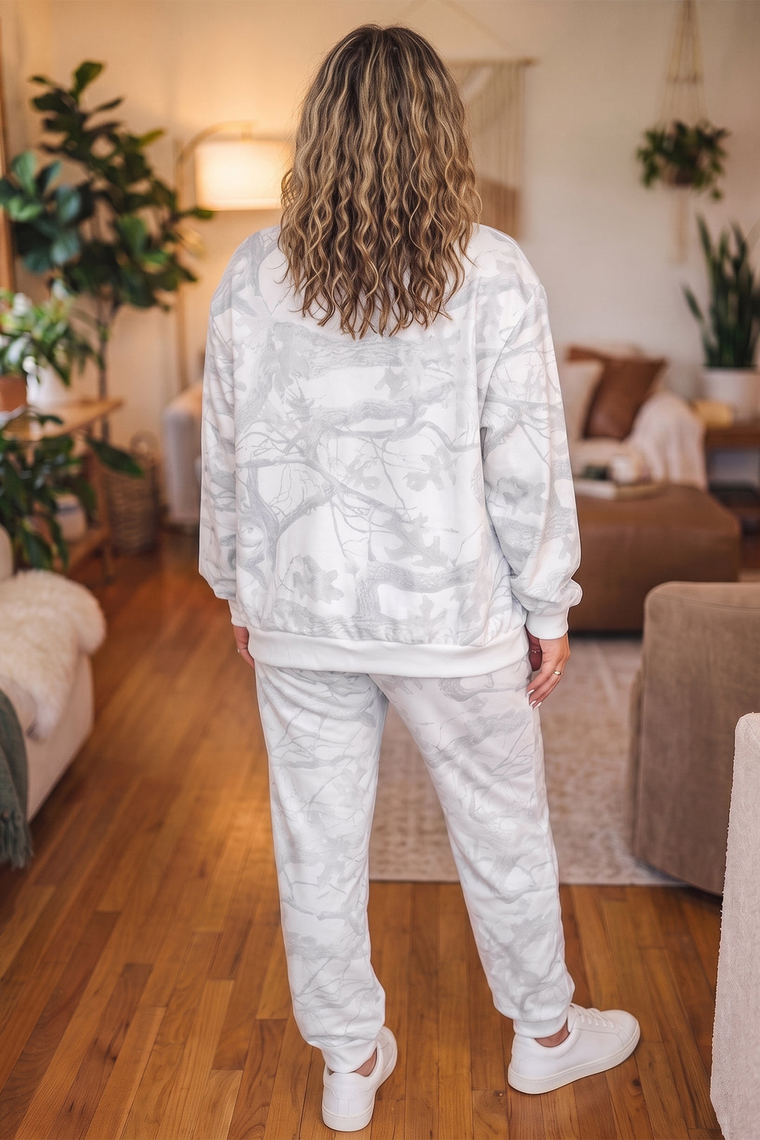Gray Camouflage Print Stand Neck Long Sleeve Regular Fit Plus Size Set