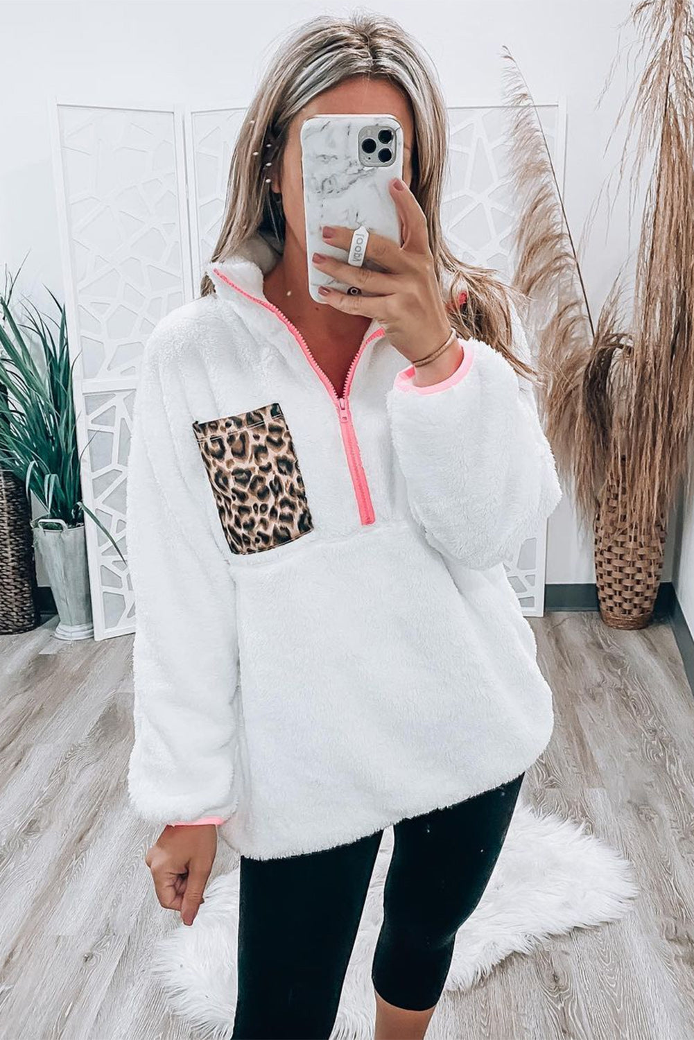 White Leopard Patch Pocket Half Zipped Fleece Sweatshirt