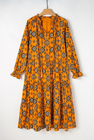 Orange Western Geometric Print Tiered Frilled Loose Fit Midi Dress