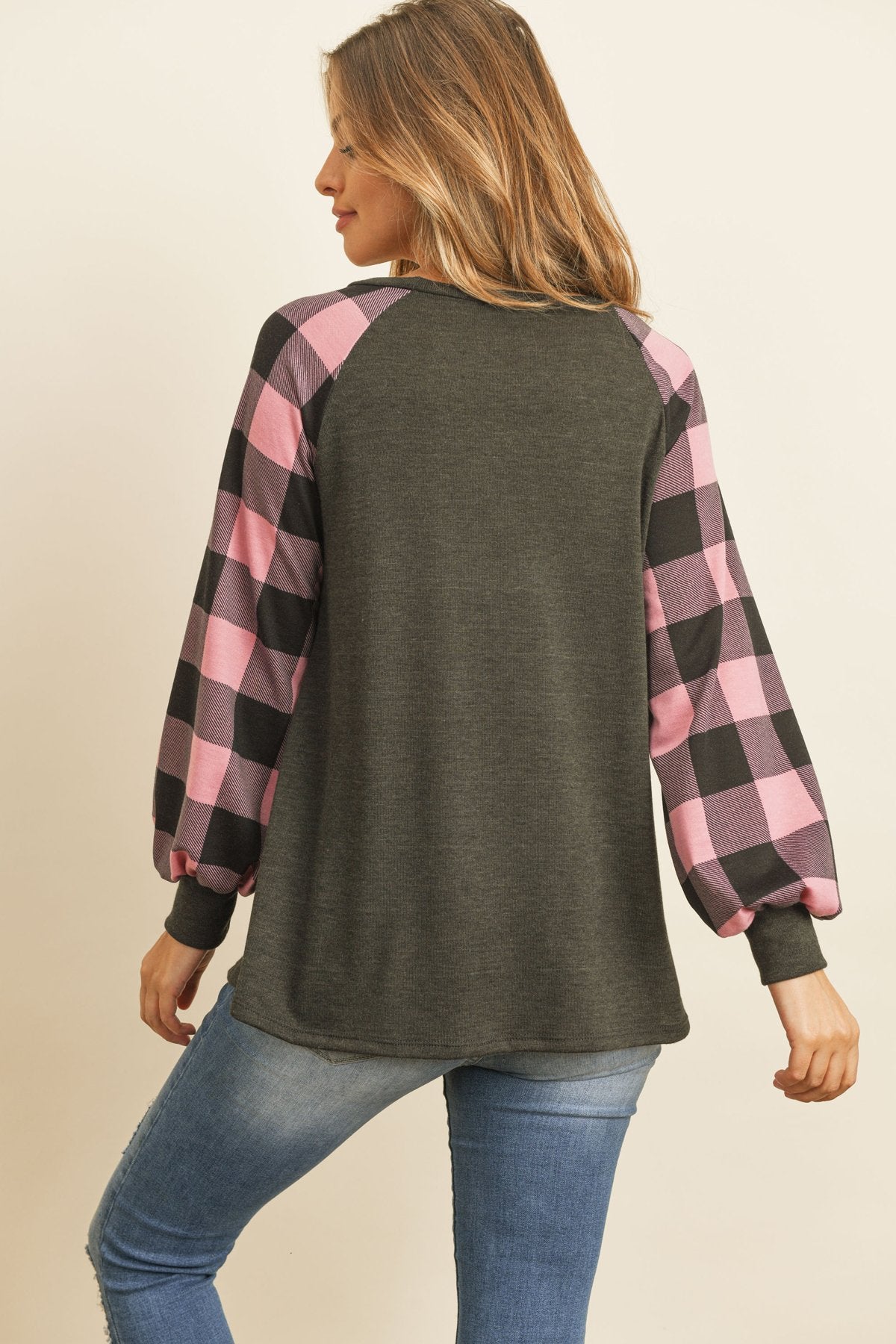 Plaid Puff Sleeved Round Neck Top