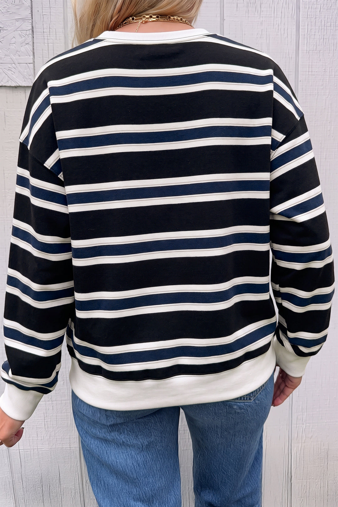 Blue Stripe Ribbed Color Block Trim Round Neck Dropped Shoulder Sweatshirt