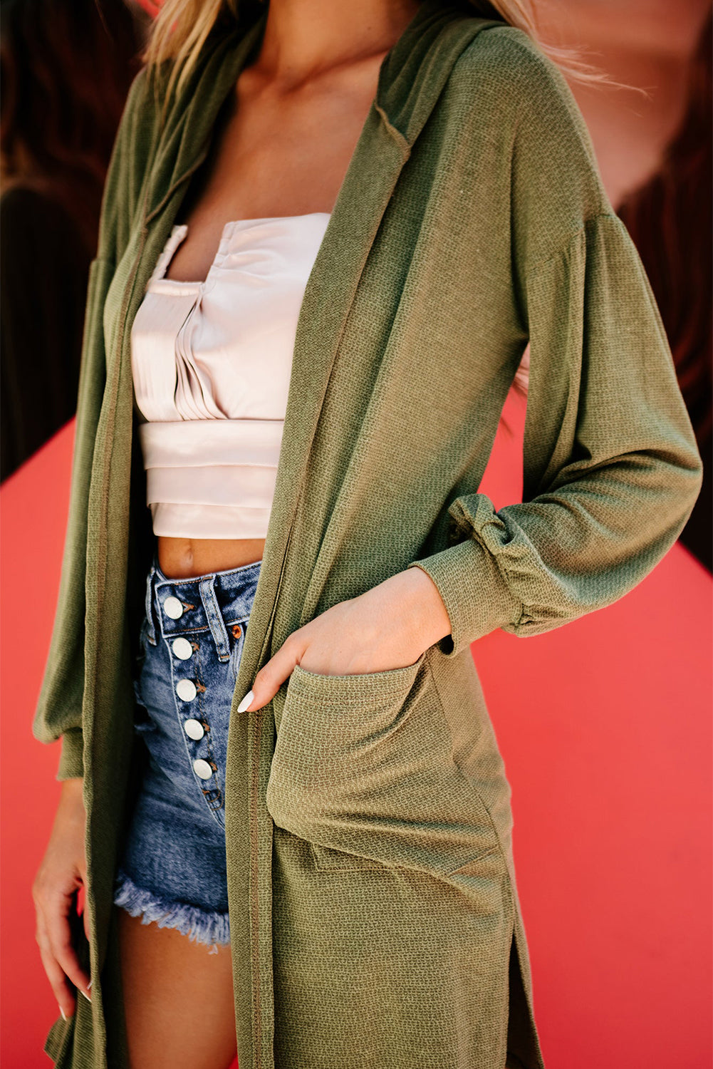 Guacamole Green Hooded Side Split Open Cardigan with Pocket