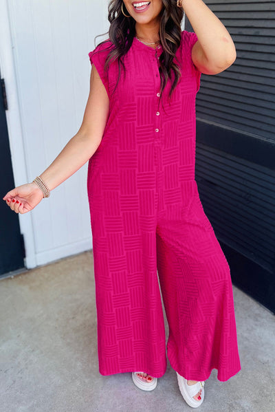 Bright Pink Terry Textured Sleeveless Button Front Wide Leg Jumpsuit