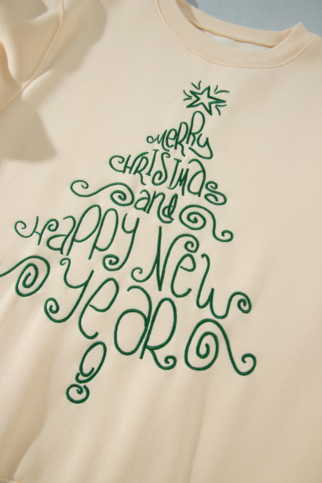 Apricot Merry Christmas and Happy New Year Embroidered Holiday Slogan Sweatshirt