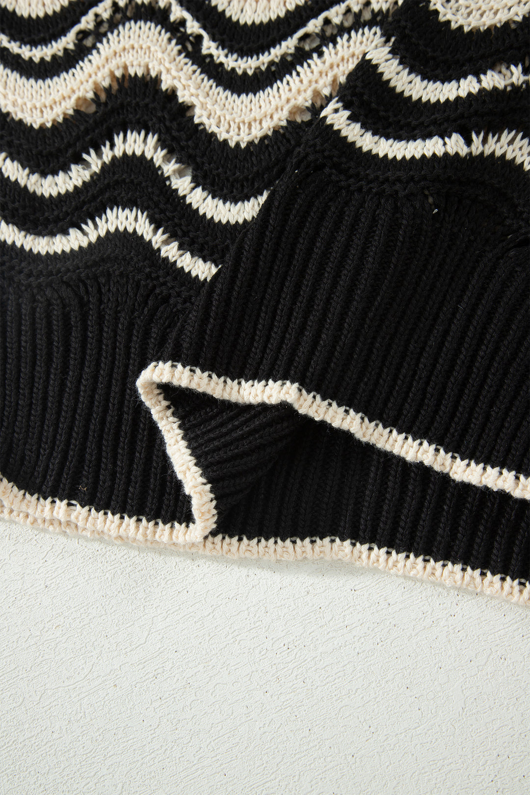 Beige Stripe Wavy Crochet Eyelet Detail Ruffle Half Sleeve Sweater