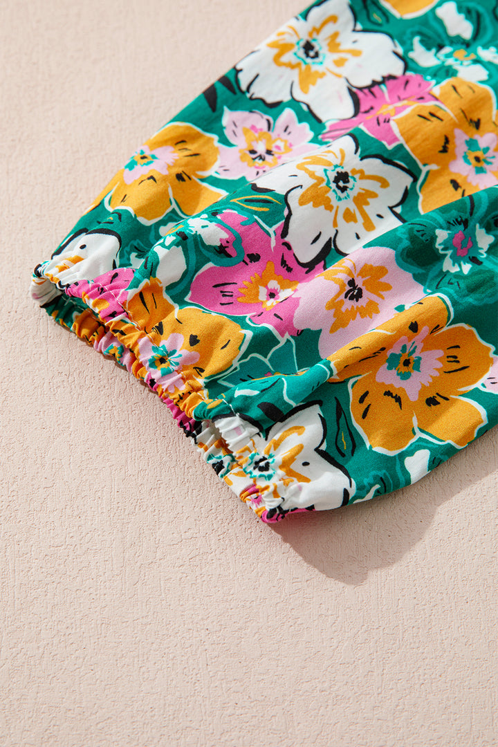 Green Floral Print Contrast Trim Frilled V Neck 3/4 Sleeve Blouse