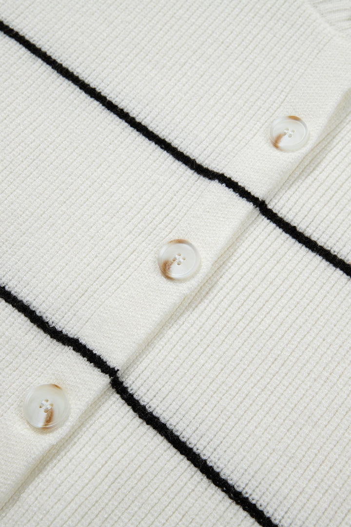 White Stripe Short Sleeve Button Front Shift Cardigan