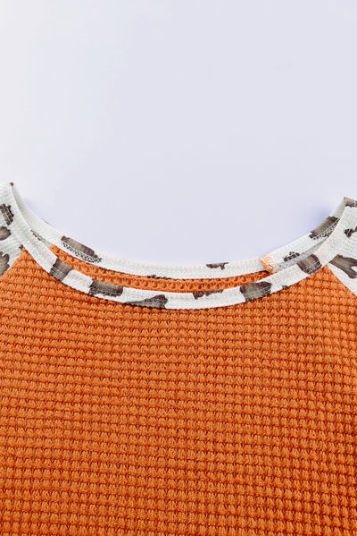 Orange Leopard Colorblock Waffle Knit Top