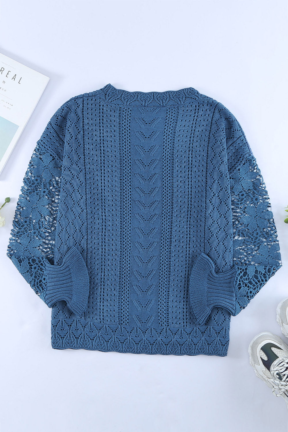 Blue Crochet Lace Pointelle Knit Sweater