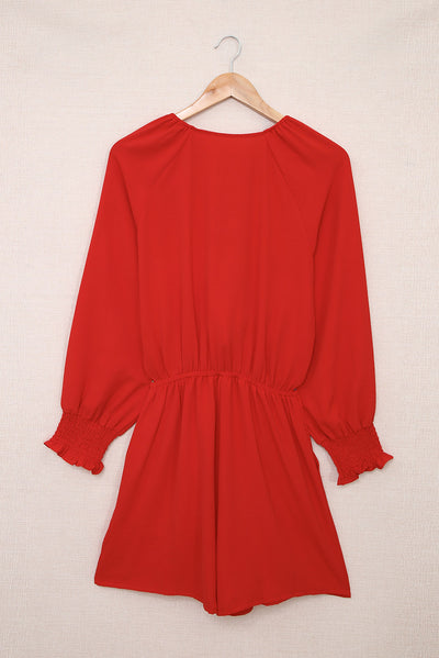 Fiery Red Tie Knot Puff Long Sleeve Romper