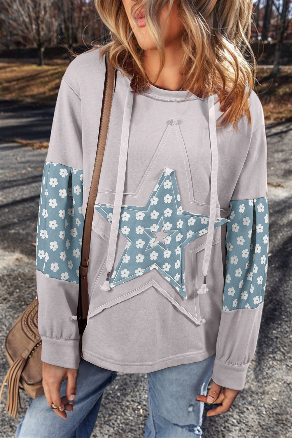 Beau Blue Floral Patchwork Star Pattern Drawstring Hoodie