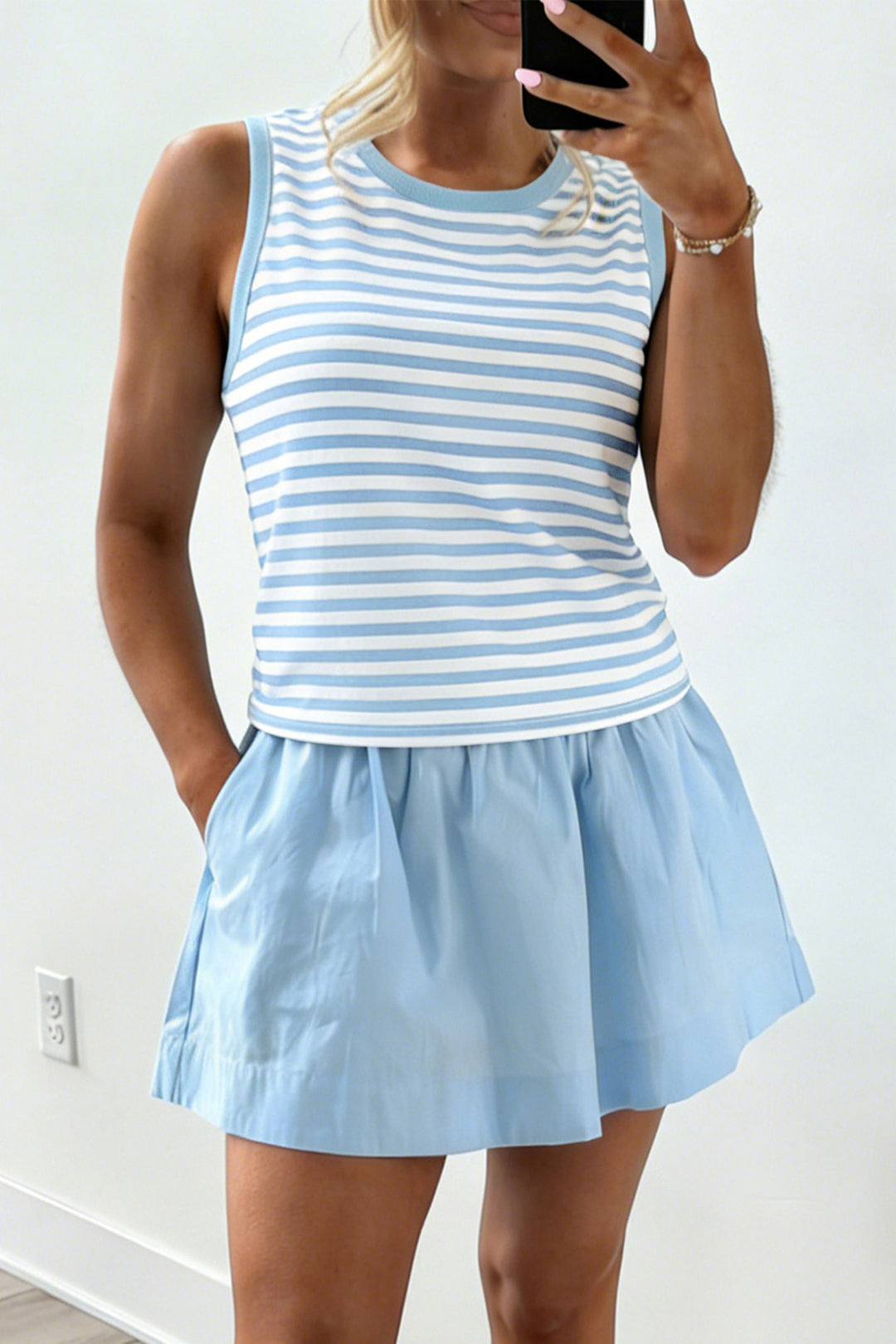 Sky Blue Stripe Slim Tank Contrast Ruffle Mini Skirt Set