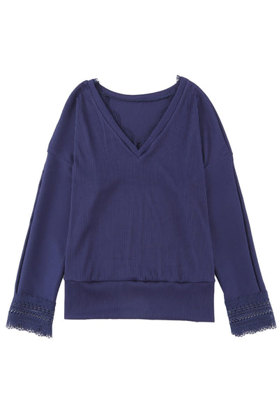 Blue Ribbed Texture Lace Trim V Neck Long Sleeve Top