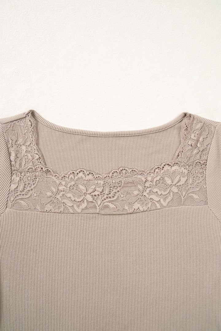 DUNE Solid Color Ribbed Lace Neck Long Sleeve Top