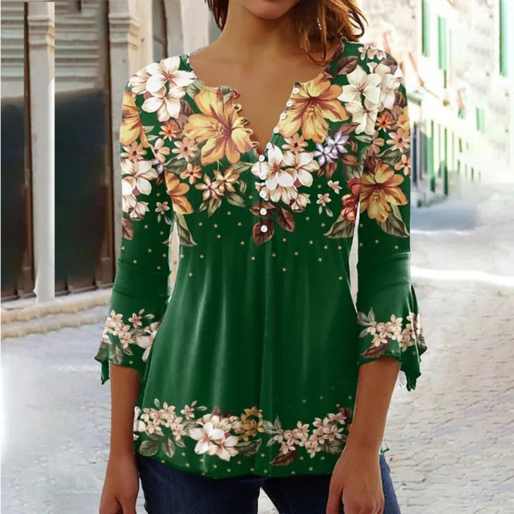 Women’s V-Neck 3/4 Sleeve Button-Front Tunic Blouse
