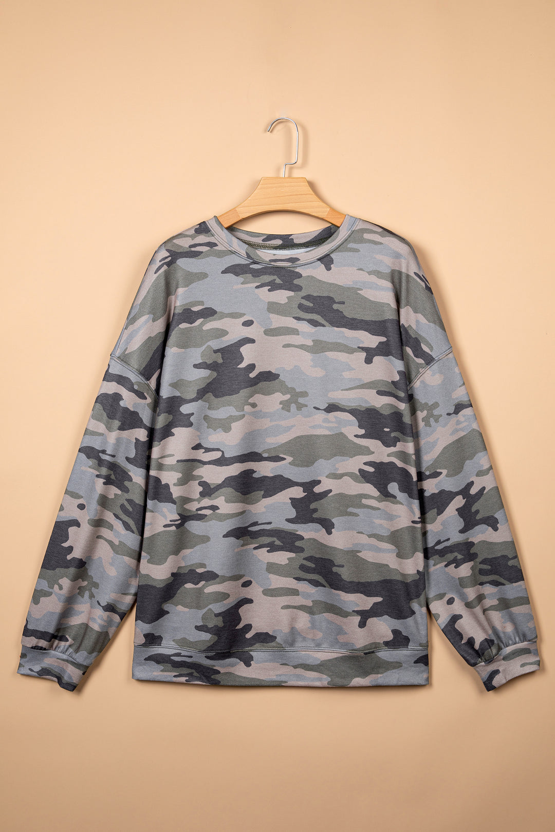 Green Camo Print Long Sleeve Plus Size Blouse