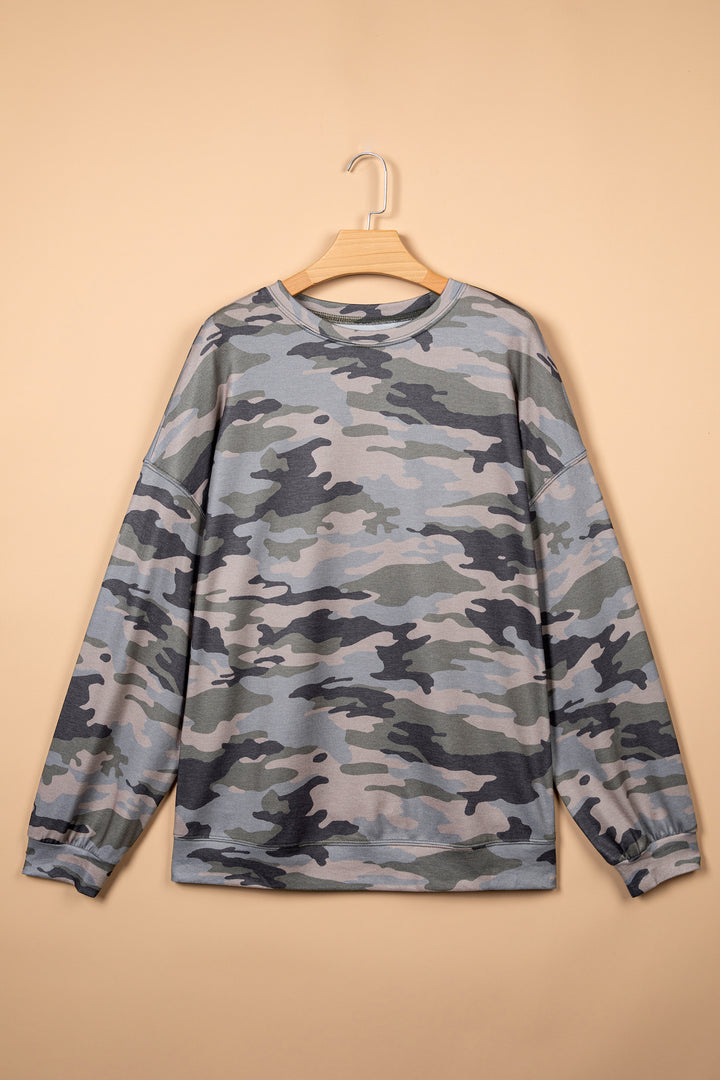 Green Camo Print Long Sleeve Plus Size Blouse