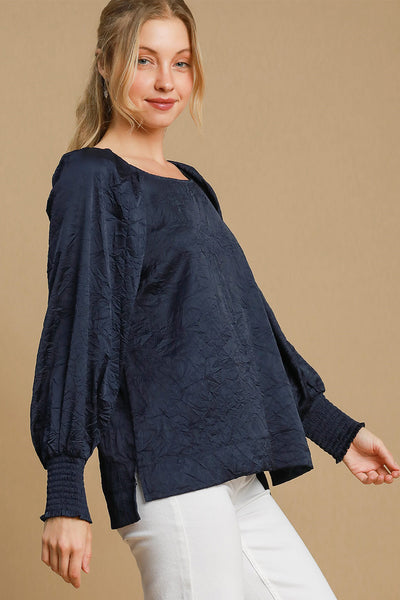 Umgee Wrinkled Round Neck Lantern Sleeve Blouse