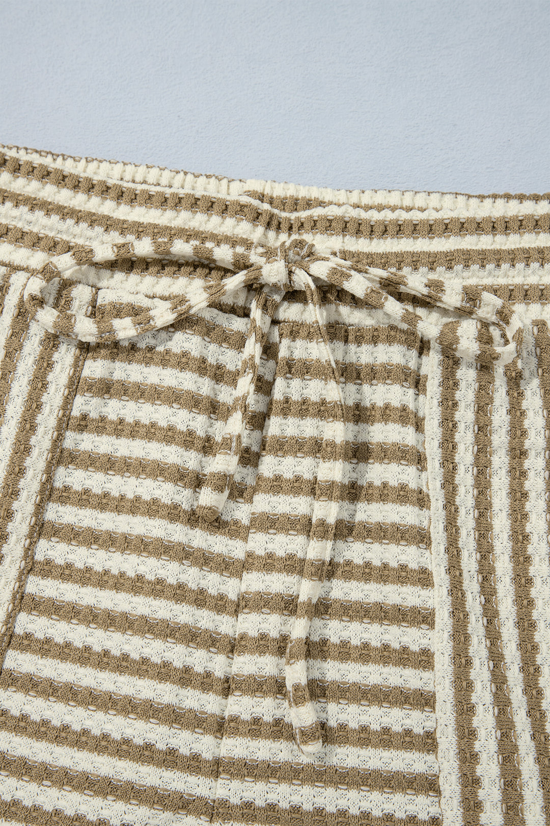 Brown Stripe Textured Knit Long Sleeve Top Elastic Waist Shorts Casual Outfit