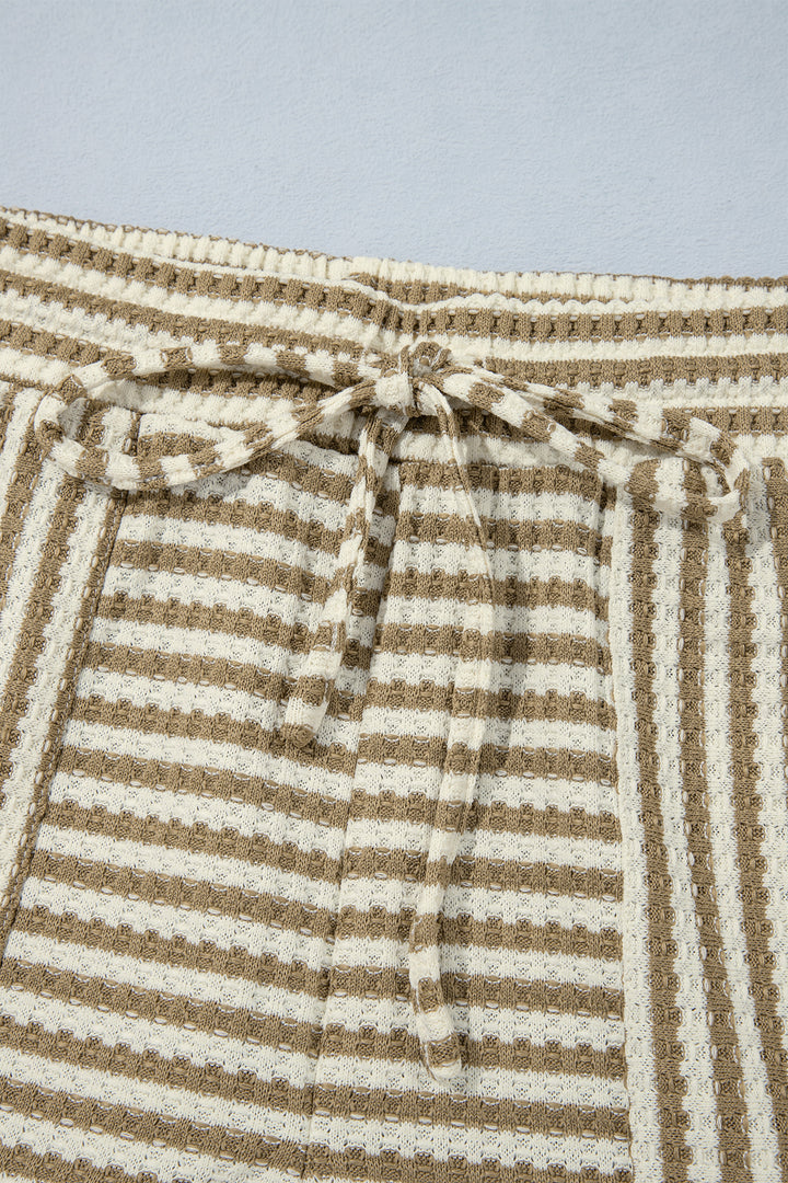 Brown Stripe Textured Knit Long Sleeve Top Elastic Waist Shorts Casual Outfit