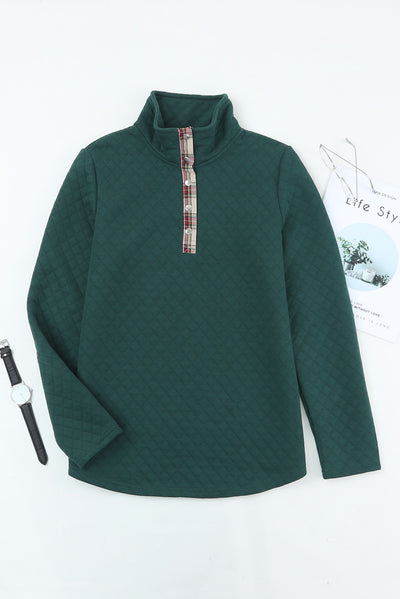 Green Geometric Texture Plaid Trim Sweatshirt