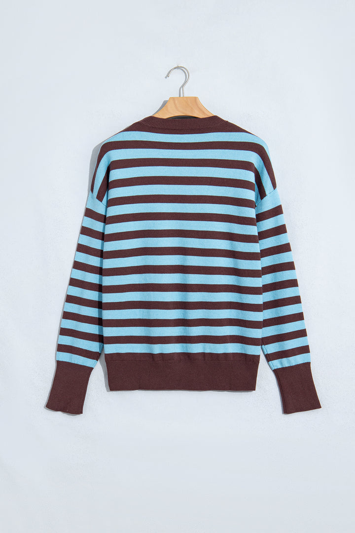 Brown Stripe Color Block Loose Crew Neck Cuffed Sweater