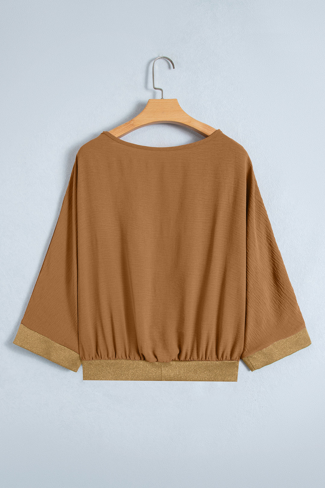 Brown V Neck Glitter Trim Patchwork Button-Front Blouse