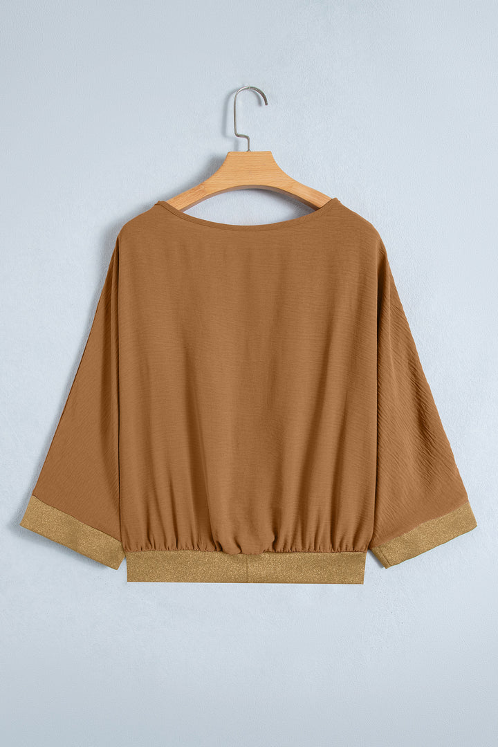 Brown V Neck Glitter Trim Patchwork Button-Front Blouse