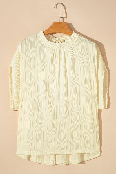 White Wavy Textured Split Sleeve High Neck Blouse