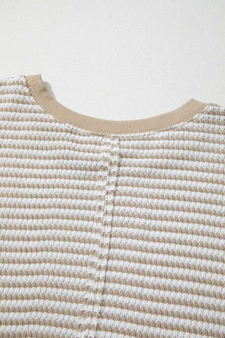 Brown Stripe Plus Size Breathable Knit Ribbed Trim Long Sleeve Top