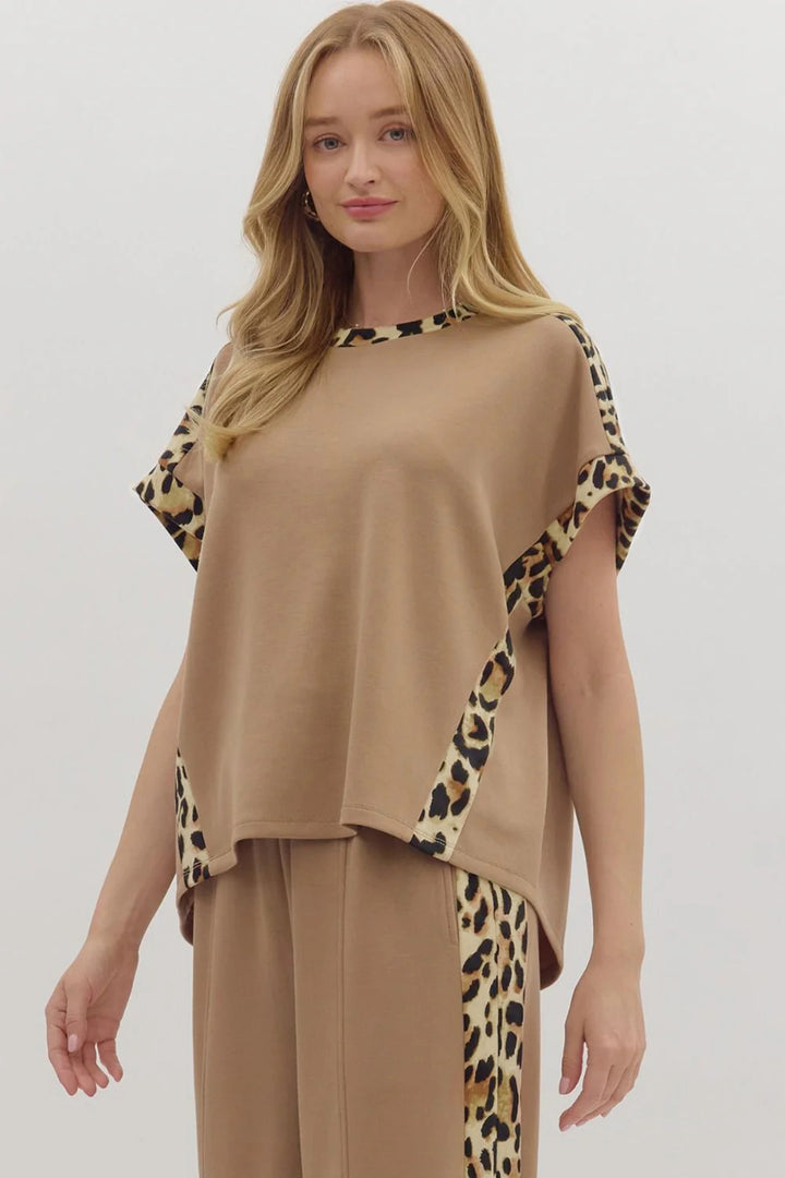 Light French Beige Leopard Trim Round Neck Loose T Shirt