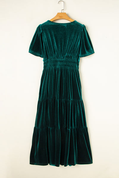 Evergreen Velvet Short Sleeve Shirred Waist Tiered Maxi Dress