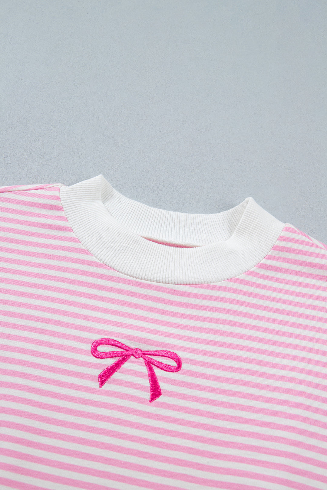 Pink Stripe Bow Embroidered Bow Contrast High Neck Baggy Sweatshirt