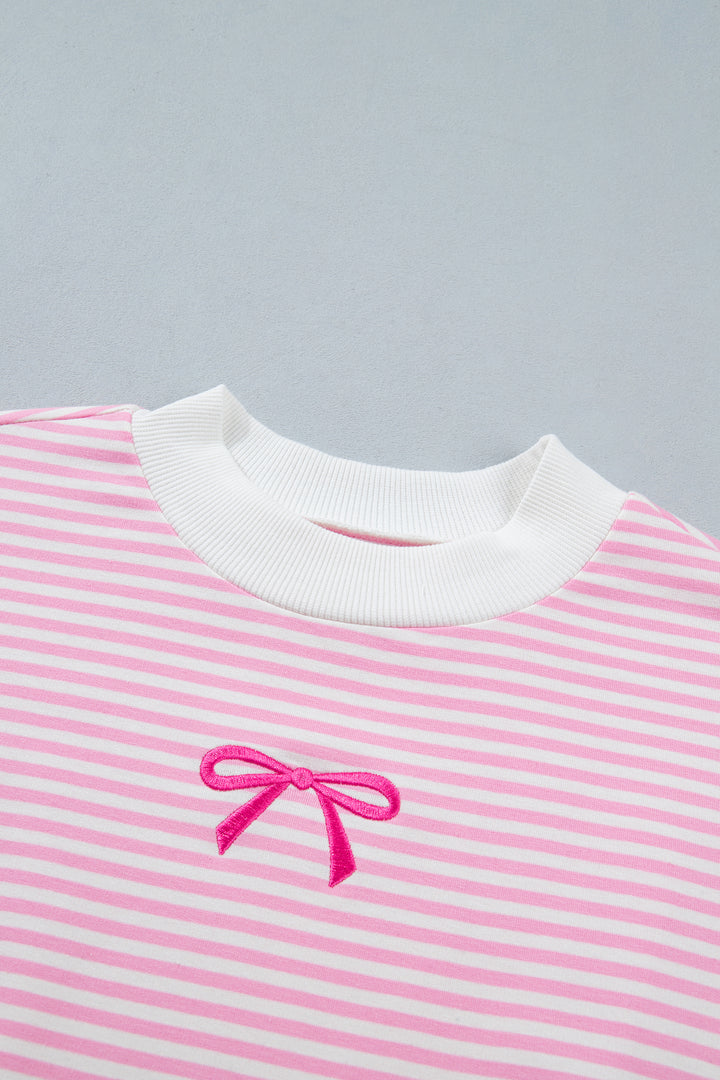 Pink Stripe Bow Embroidered Bow Contrast High Neck Baggy Sweatshirt