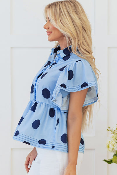 Sky Blue Polka Dot Print Ruffled Short Sleeve Buttoned Collared Blouse