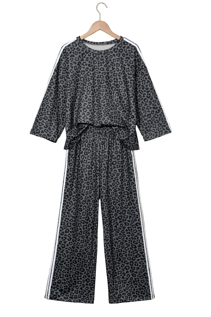 Gray Leopard Print Varsity Striped Detail 3/4 Sleeve Top Shift Pant Set