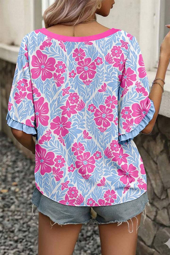 Sky Blue Floral Print Ruffled Color Block Trim Half Sleeve Blouse