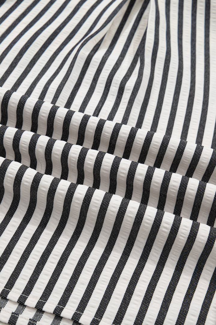 Black Stripe Collared Split Neck Short Bubble Sleeve Blouse
