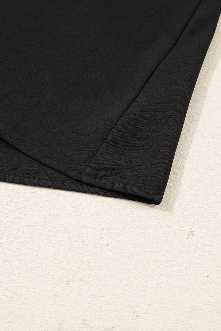 Black Plus Size Notched Neck Leopard Trim Flounce Long Sleeve Shift Dress