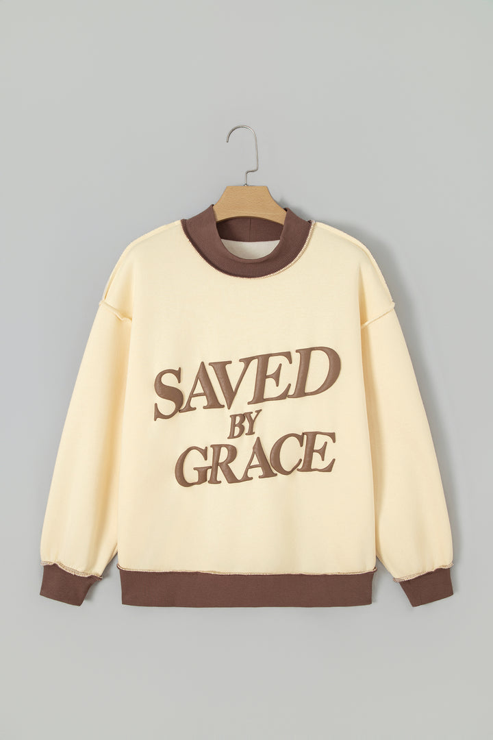 Beige Saved By Grace Print Color Block Mock Neck Oversized Sweatshirt