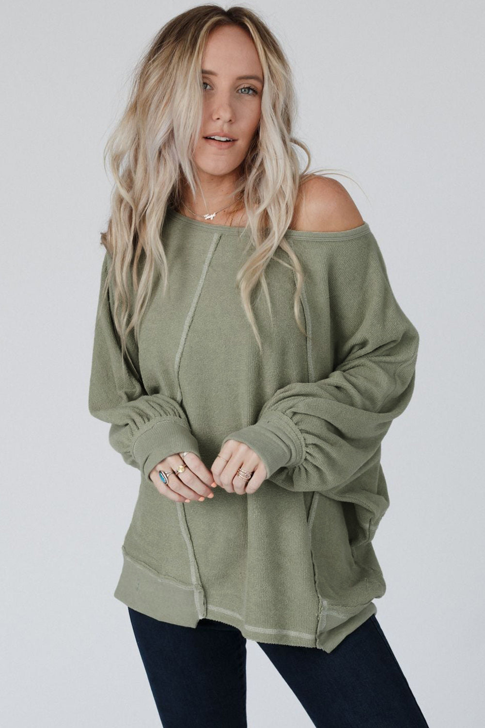 Green Exposed Seam Patchwork Dolman Sleeve Top