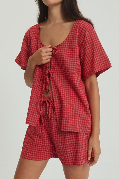 Plaid Tied Scoop Neck Short Sleeve Top and Drawstring Shorts Set