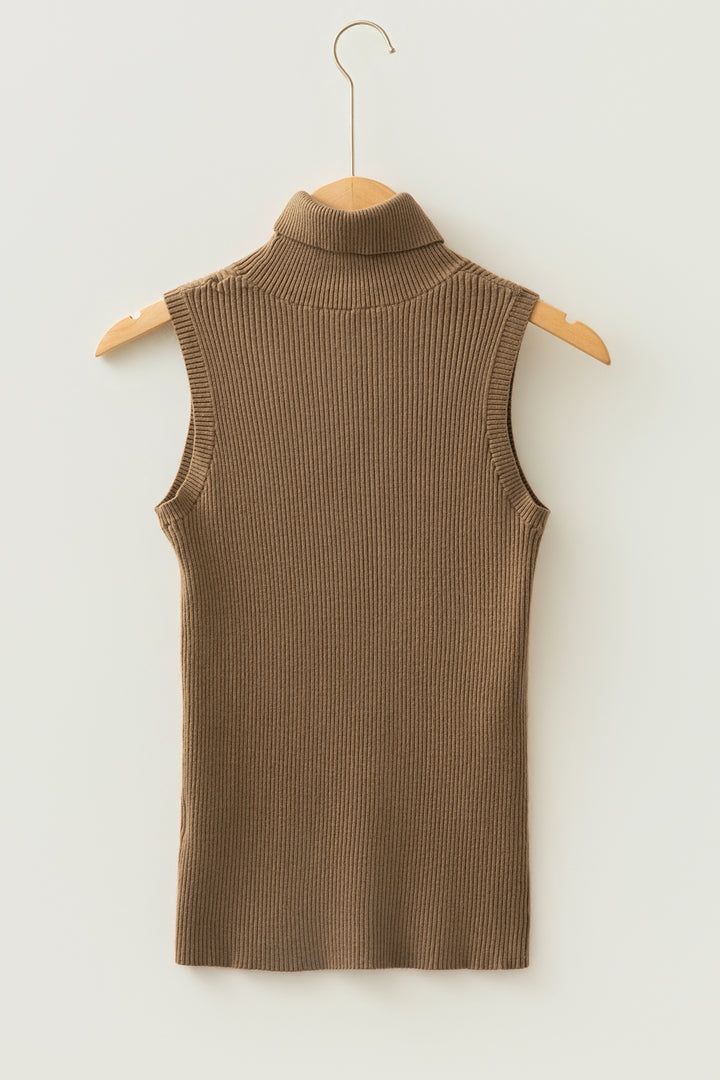Light French Beige Western Ribbed Knit High Neck Sleeveless Waist Slim Fit Sweater Vest