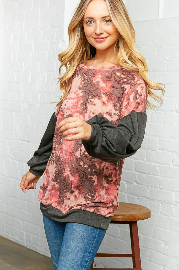 Floral Print Contrast Bubble Sleeve Tunic - Sybaritic Bags & Clothing