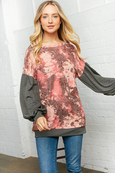 Floral Print Contrast Bubble Sleeve Tunic - Sybaritic Bags & Clothing