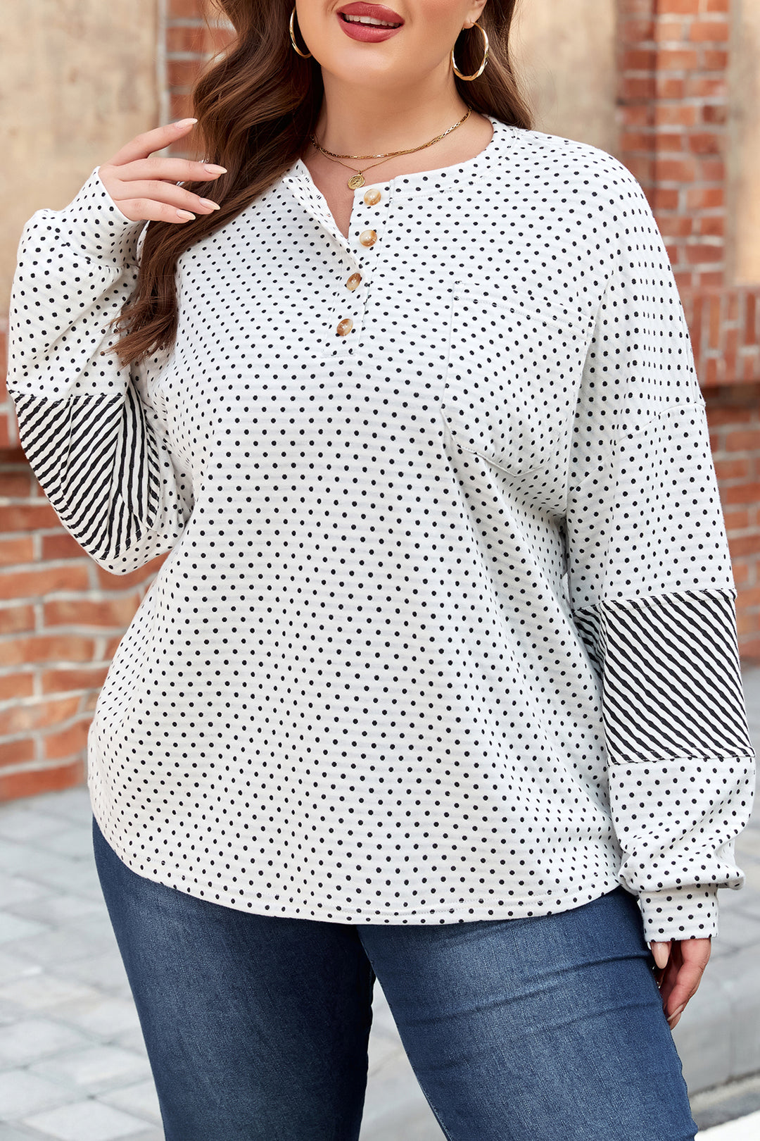 Beige Plus Size Dot Print Striped Patchwork Long Sleeve Henley Top