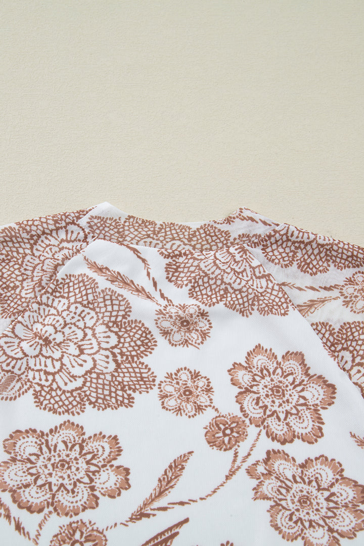 Brown Thumbhole Long Sleeve Floral Print Mesh Top