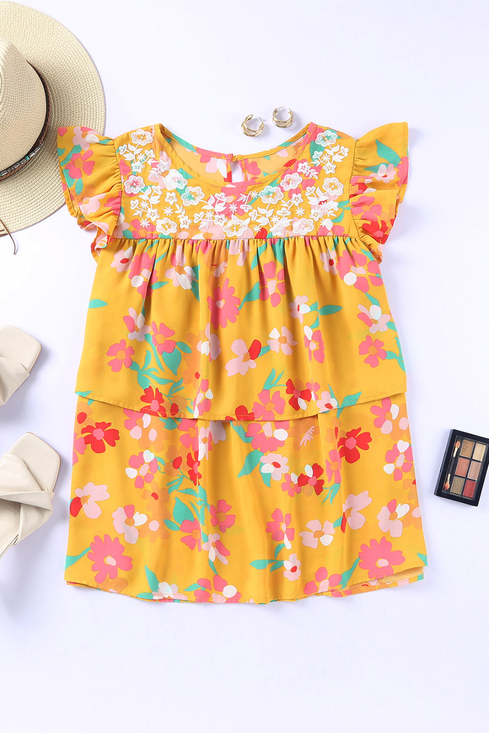 Yellow Floral Print Ruffle Cap Sleeve Keyhole Back Blouse