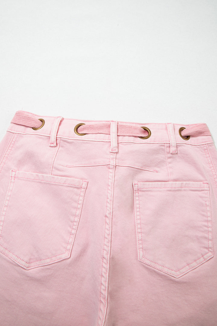Light Pink Solid Color Grommet Detail Knot Waist Barrel Jeans