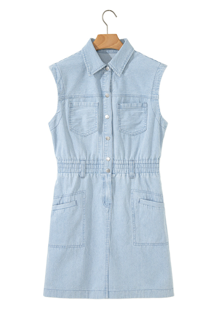 Sky Blue Stripe Collared Button Front Sleeveless Denim Mini Dress